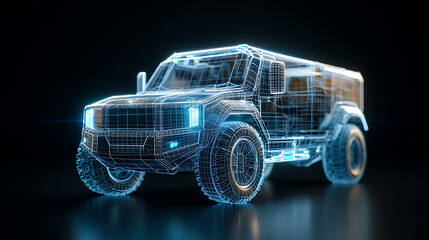 Naklejka premium Futuristic neon wireframe truck with blue light effects digital environment 3d visualization high-tech concept futurism