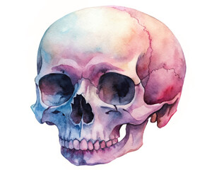 Obraz premium Watercolor skull illustration, vibrant colors, artistic style, educational use, medical reference, creative artwork.
