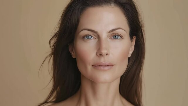A portrait of an attractive woman in her late thirties with brown hair, wearing no makeup and standing against a beige background