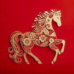 gold paper cut floral horse to celebrate Chinese New Year done on a red paper background
