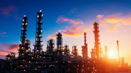 Fototapeta premium A cinematic nightscape of a refinery with complex pipe networks, storage tanks, and distillation columns glowing under powerful industrial lighting, highlighting energy production.