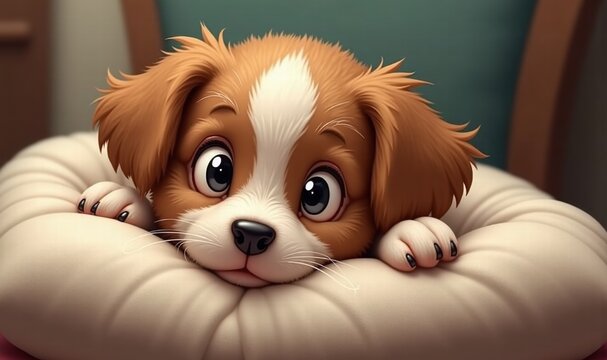 Cute cartoon puppy resting on a soft pillow, perfect for pet-related content, children's products, and marketing materials that evoke warmth and joy.