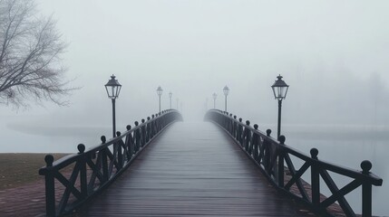Fototapeta premium Misty Bridge Enchantment: A Serene Fog-Shrouded Walkway