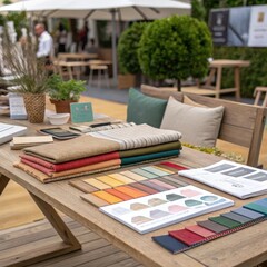 Rustic Wooden Table Showcasing Fabric Swatches and Design Palettes Outdoors