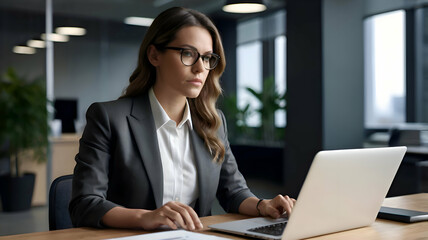 businesswoman working on laptop, young businesswoman working on laptop. A focused professional woman dressed in a business suit, sitting at a sleek desk and working on a laptop in a modern office