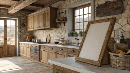 Rustic Kitchen Interior Wooden Cabinets, Stone Wall, Blank Signboard, 3D Render, Countryside Kitchen Design, Farmhouse Style Kitchen Design, 3D Rendering