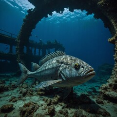 Fototapeta premium A lone fish resting inside a sunken shipwreck.