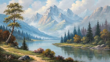 Serene Mountain Lake Landscape Oil Painting, Majestic Peaks, River, Path, Forest, Nature Keywords Landscape, Oil Painting