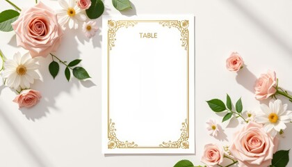 Elegant floral wedding table card with gold border