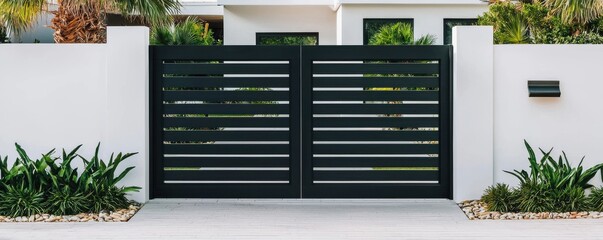 Modern black gate with horizontal slats in a contemporary residential setting with lush green landscaping
