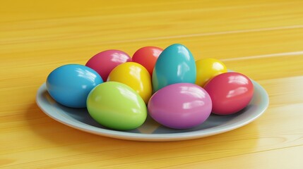 easter, holidays, tradition, advertisement and object concept - close up of colored easter eggs on plate over yellow wooden boards background