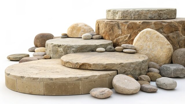 Stone Stack Podium 3D Render, Circular Platform, Pebble Composition, Natural Texture, Beige Tones, Product Display Stone Podium, Product Display