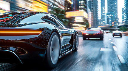 Fototapeta premium Sleek self-driving cars gliding through urban cityscape at night futuristic design dynamic environment high-speed perspective for ai innovation