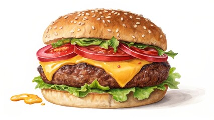 Watercolor Cheeseburger Delicious Fast Food Illustration, Sesame Bun, Juicy Patty, Melted Cheese, Tomatoes, Lettuce, Burger Art
