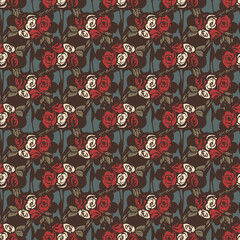 Vintage ornament with flowers. Vector seamless pattern with retro roses on a blue background.