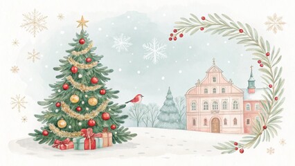 Obraz premium Watercolor Christmas Tree, Church and Robin Festive Winter Scene, Christmas card, winter illustration Christmas, watercolor