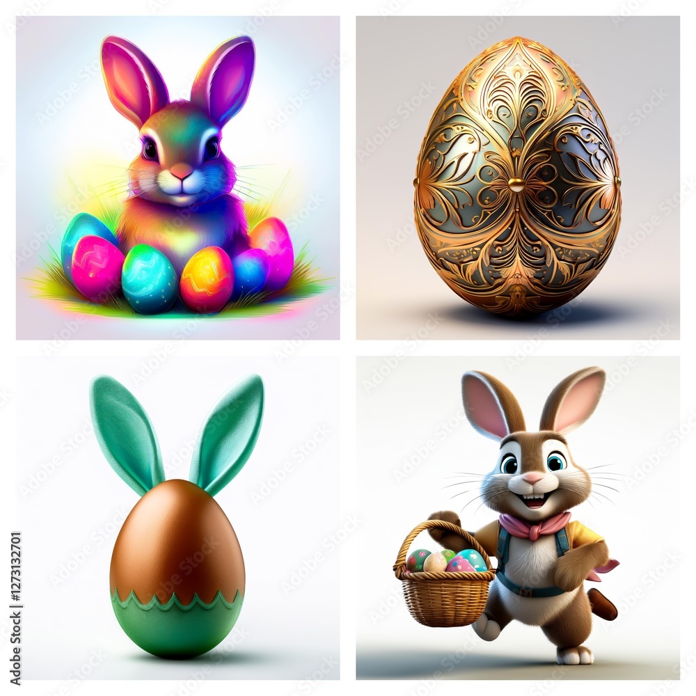 Poster four squares showcase easter themes. one depicts a colorful bunny with eggs, another an ornate golde