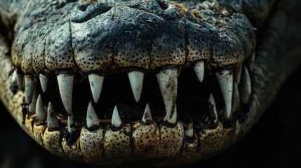 Obraz premium A close-up of an alligatorâ€™s sharp teeth and rugged snout