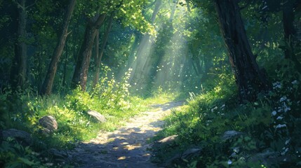 Fototapeta premium Sunlit Forest Path: A Digital Painting of Tranquility