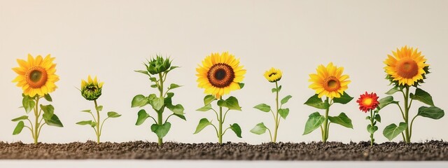 Growing Sequence of Sunflower Plants in Different Development Stages