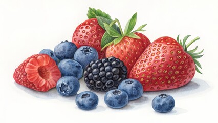 Obraz premium Watercolor Painting of Strawberries, Blueberries, Raspberries and Blackberries, Still Life Composition, Summer Fruit, Berry Painting Berry Painting, Watercolor Still Life