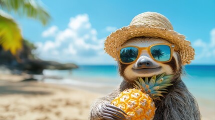 Sloth wearing straw hat and sunglasses enjoying a pineapple in a tropical jungle setting