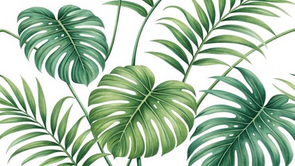 Watercolor Tropical Leaves Composition Monstera and Palm, Botanical Illustration, Lush Greenery, White Background Tropical Plants, Watercolor Painting