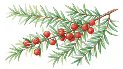 Watercolor Yew Branch with Berries Botanical Illustration, Yew Berries, Botanical Painting Yew, Botanical Illustration