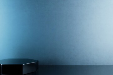 Hexagonal black platform elegantly sits against a subtly textured blue wall bathed in soft light. AI Generated