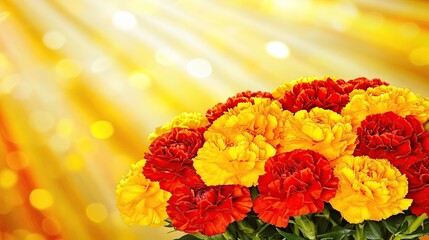 Red yellow carnations bouquet bright background