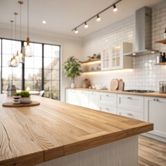 Wooden Kitchen Island Countertop Modern Farmhouse Design, 3D Render, Light Wood Texture, White Cabinets, Pendant Lights, Kitchen Interior Modern Farmhouse, Kitchen Design