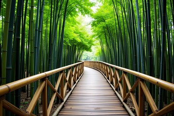 Serene Bamboo Forest Path Wooden Walkway Through Lush Green Bamboo Grove