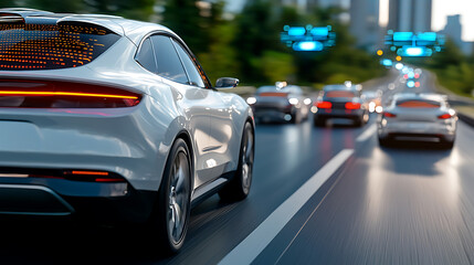 Fototapeta premium Self-driving vehicles in motion urban highway automotive photography daylight scene dynamic perspective future mobility concept