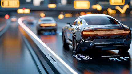 Self-driving vehicles glowing against a futuristic cityscape at night automotive photography urban environment dynamic viewpoint