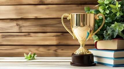 Fototapeta premium Golden trophy, books, plants, wooden background, achievement