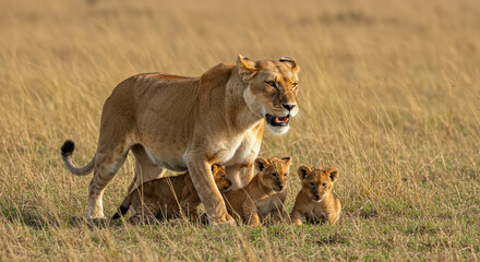 Naklejka premium African Lioness Protecting Her Cubs