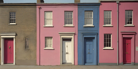 Fototapeta premium Colorful Facades of Classic Row Houses with Vibrant Doors and Walls