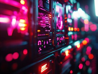 Obraz premium Close Up of Colorful Neon Digital Server Racks with Glowing Lights in a High-Tech Environment