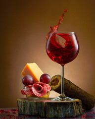 A warm and inviting photograph featuring a glass of deep red wine alongside a rustic arrangement of sliced salami and artisanal cheese. 