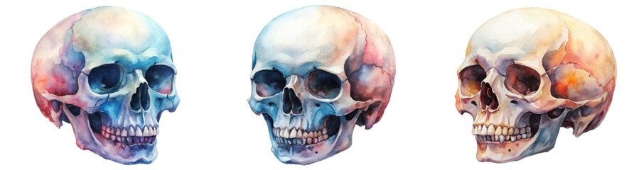 Watercolor skull illustrations, anatomical details, artistic rendering, vibrant colors, medical art, educational purpose.