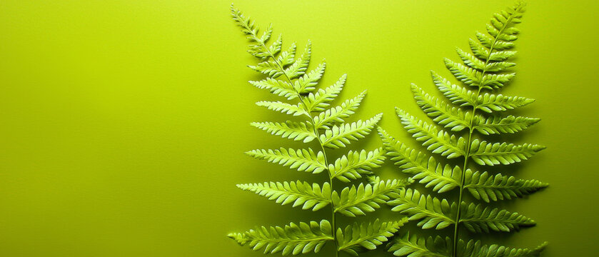 Vibrant green fern fronds on a lime background