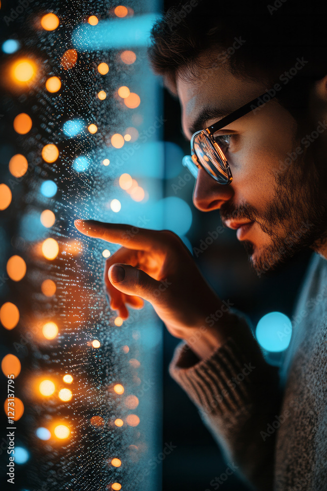 Poster softly lit photo of a consultant pointing at a digital screen, demonstrating personalized service