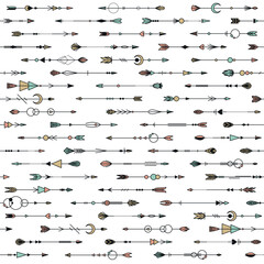 Decorative arrows seamless pattern. Repeated tribal native american elements, different plumage, ethnic ornaments. Decor textile, wrapping, wallpaper. Print for fabric, tidy vector background