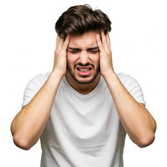 Naklejka premium portrait of a young man with headache. Young man showing how much head hurts, experiencing pain, looking miserable and exhausted. Headache concept. white background.