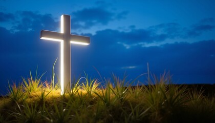 Peaceful illuminated cross in open field under blue sky, spiritual reflection