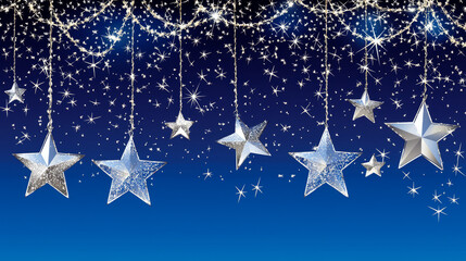 Silver stars twinkle on strings against a dark blue, starry night