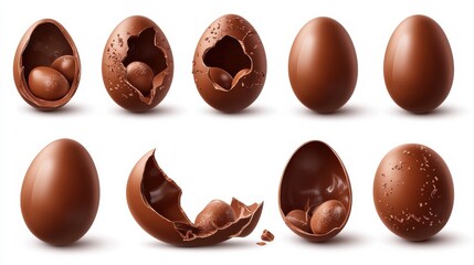 Fototapeta premium Chocolate eggs set. Isolated whole, broken, exploded, cracked and open brown eggs collection. Realistic sweet chocolate candy dessert icons. Vector Easter holiday celebration concept