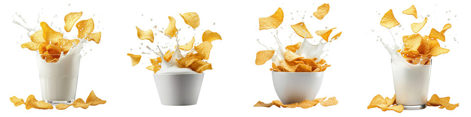 Potato chips splashing in milk, isolate on white background. Mix collection cutout png.