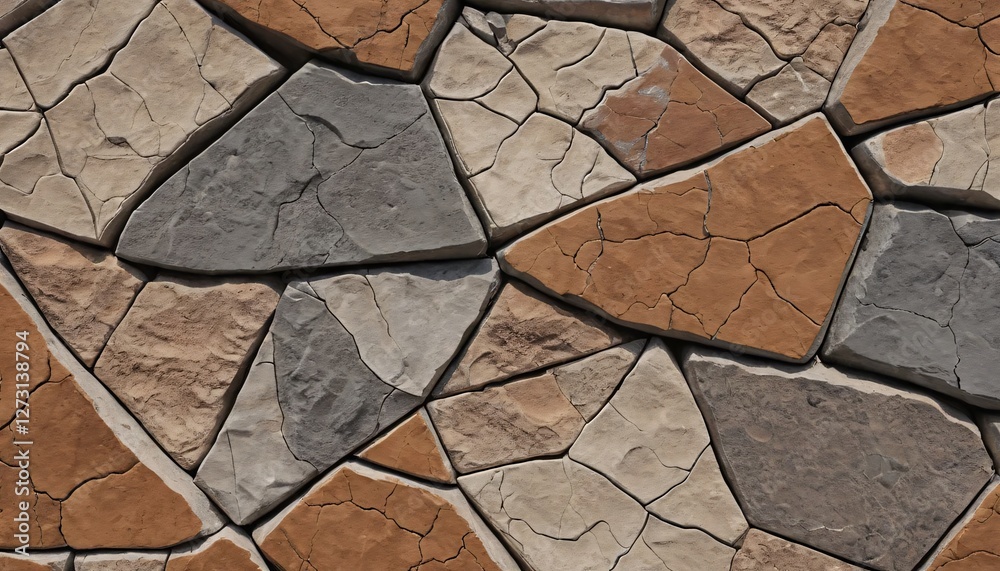 Poster Textured Stone Surface. Rustic Stonework Design. Natural Rock Mosaic. Organic Landscaping Material. Wall Cladding Texture. Varied Colors. Harmony in Randomness. Unique Edges and Surfaces. Durable