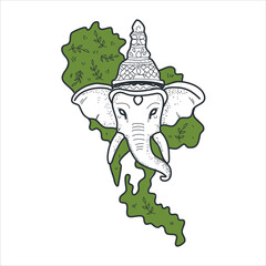 Map of Thailand, Elephant depicted in traditional Thai style with elements reminiscent of Thai culture. Elephant isolated on white background.